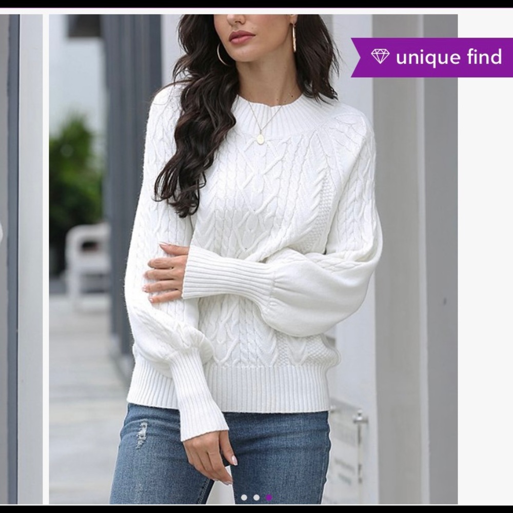White cable-knit puff sleeve sweater